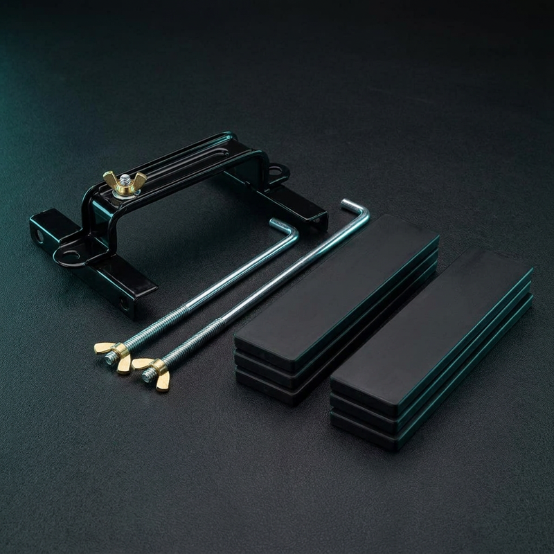 SaltyCells Fitment Kit: adjustable hold down clamp, two 245mm J bolts with wing nuts, and six black HDPE riser strips