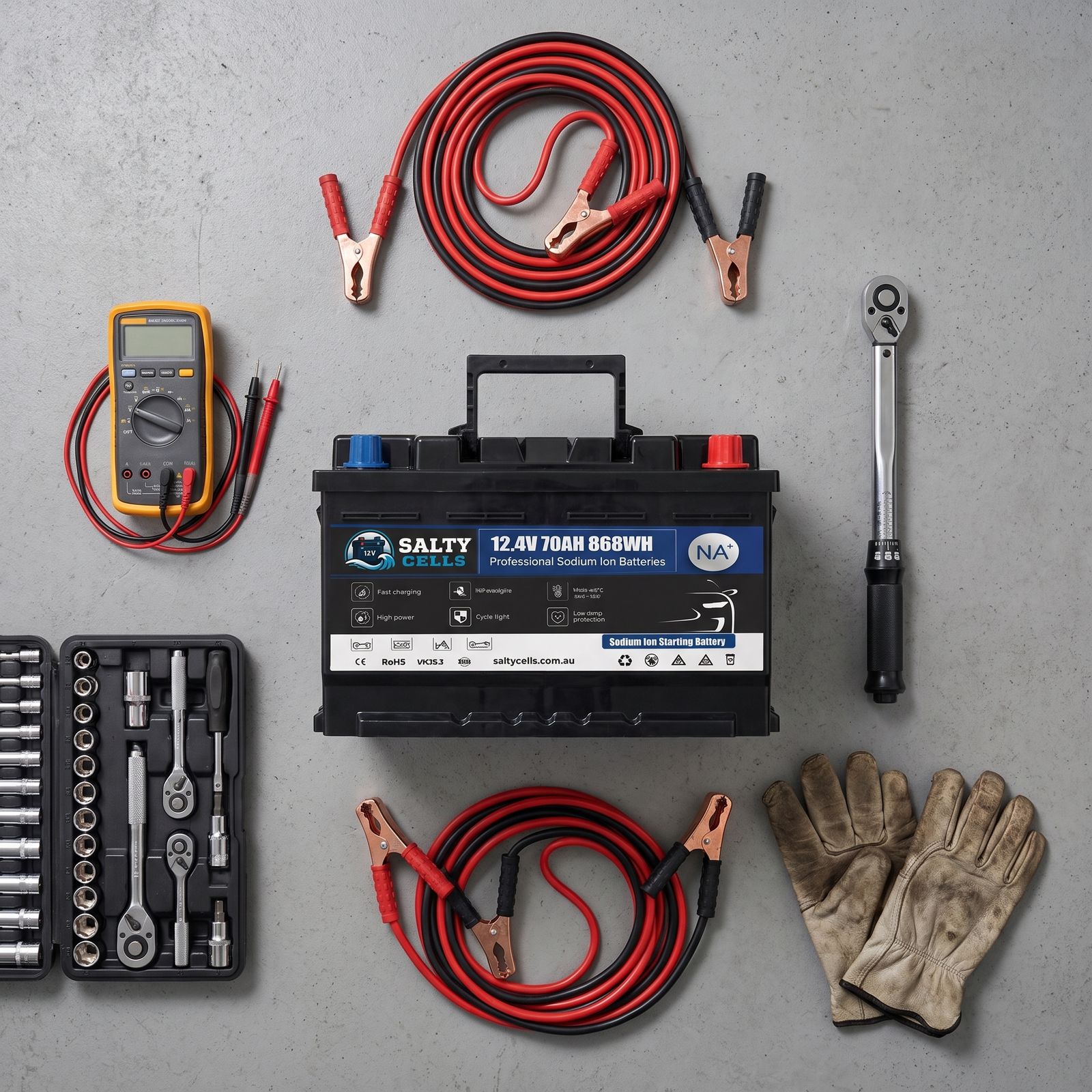 Salty Cells sodium-ion battery with installation tools — socket set, multimeter, torque wrench, jump leads and gloves